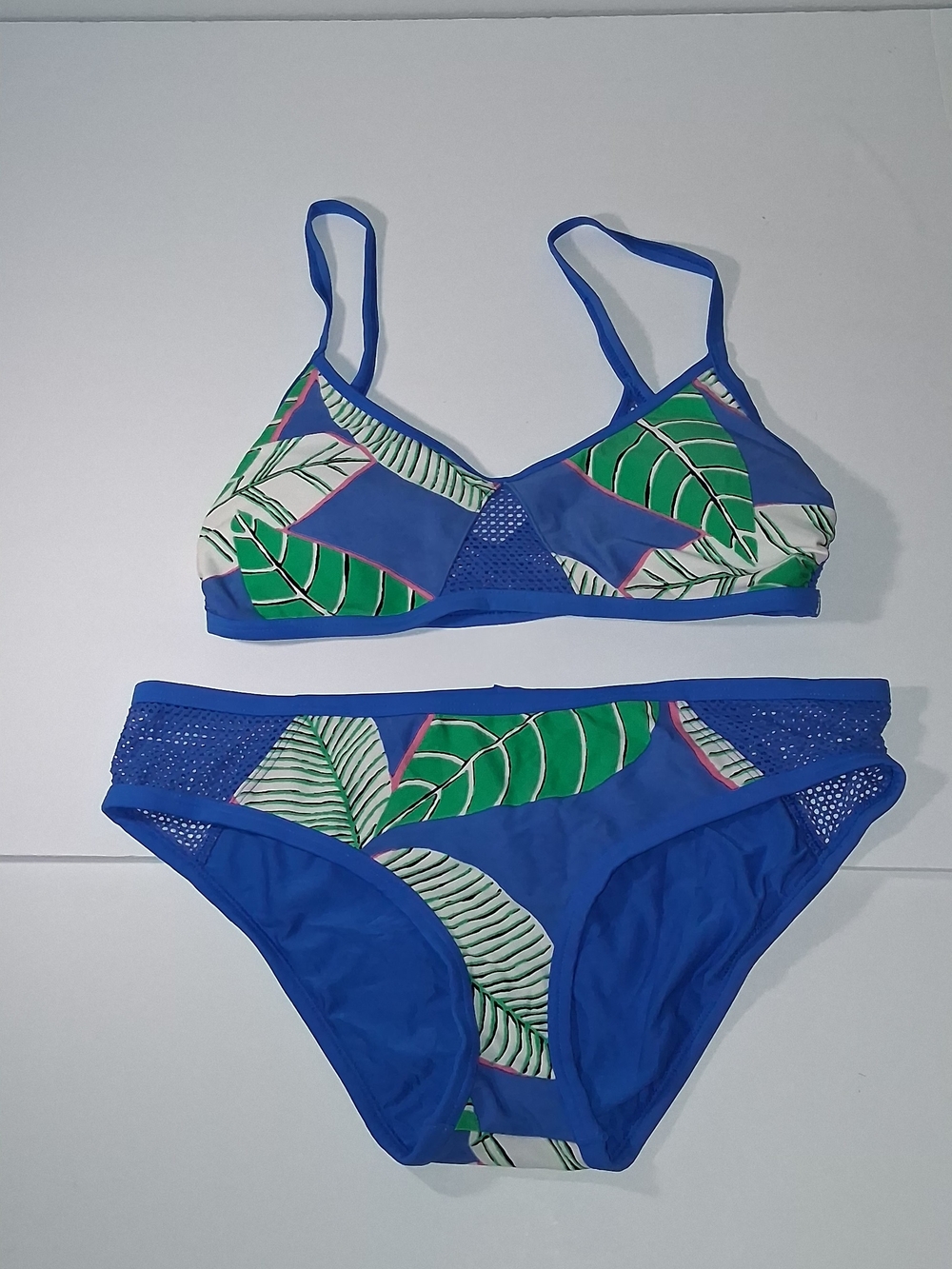 aerie Blue Bikini Set with Green Leaf Print Women's Size Medium